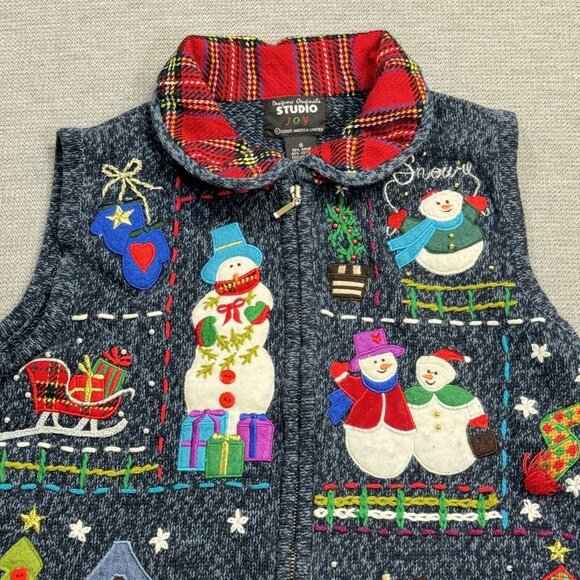 Designers Originals Womens Blue Embroidered Christmas Snowman Sweater Vest Small - Picture 7 of 16